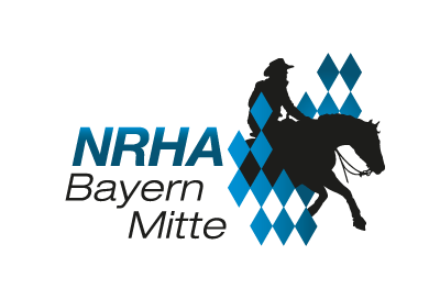 Logo of NRHA Bayern Mitte, shilouette of horse and rider with blue rhombs
