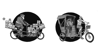 Thumbnails of illustrations for the book "Cargobike Boom"