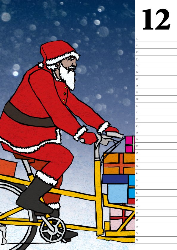 Illustration for Umwerk's perpetual cycling calendar. Santa using a cargo bike.